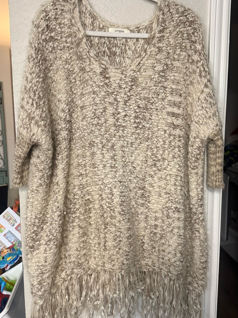 Umgee Beige Marled Fringe V-Neck Poncho Sweater